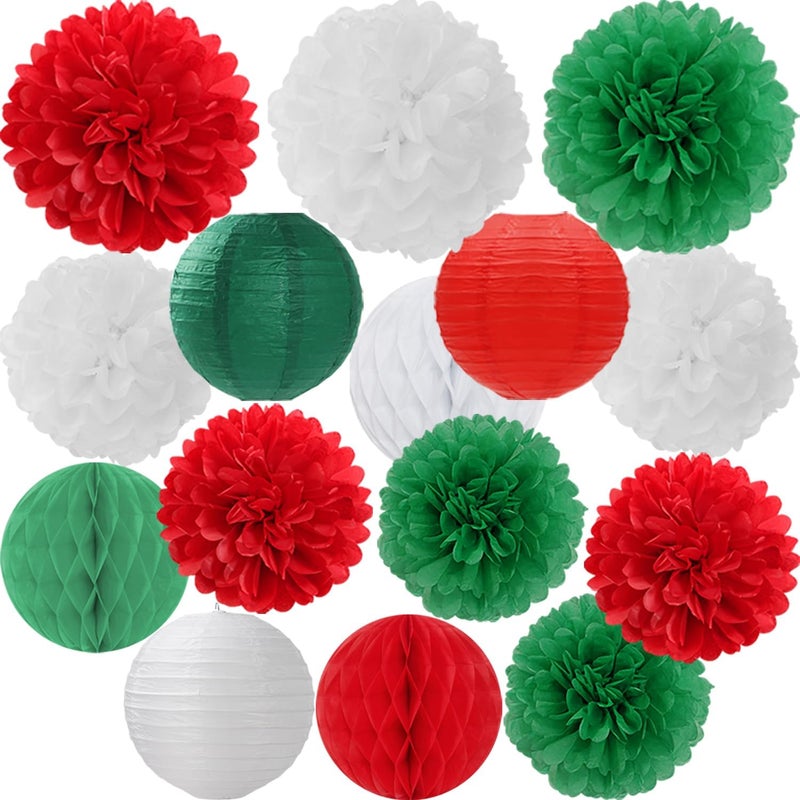 Mprocherify Red Green White Paper Flowers Tissue Pom Poms Honeycomb Lanterns 15pcs Christmas Party Decorations Mexican Italian Birthday Wedding Baby Shower Bachelorette Hanging Supplies - Image 1